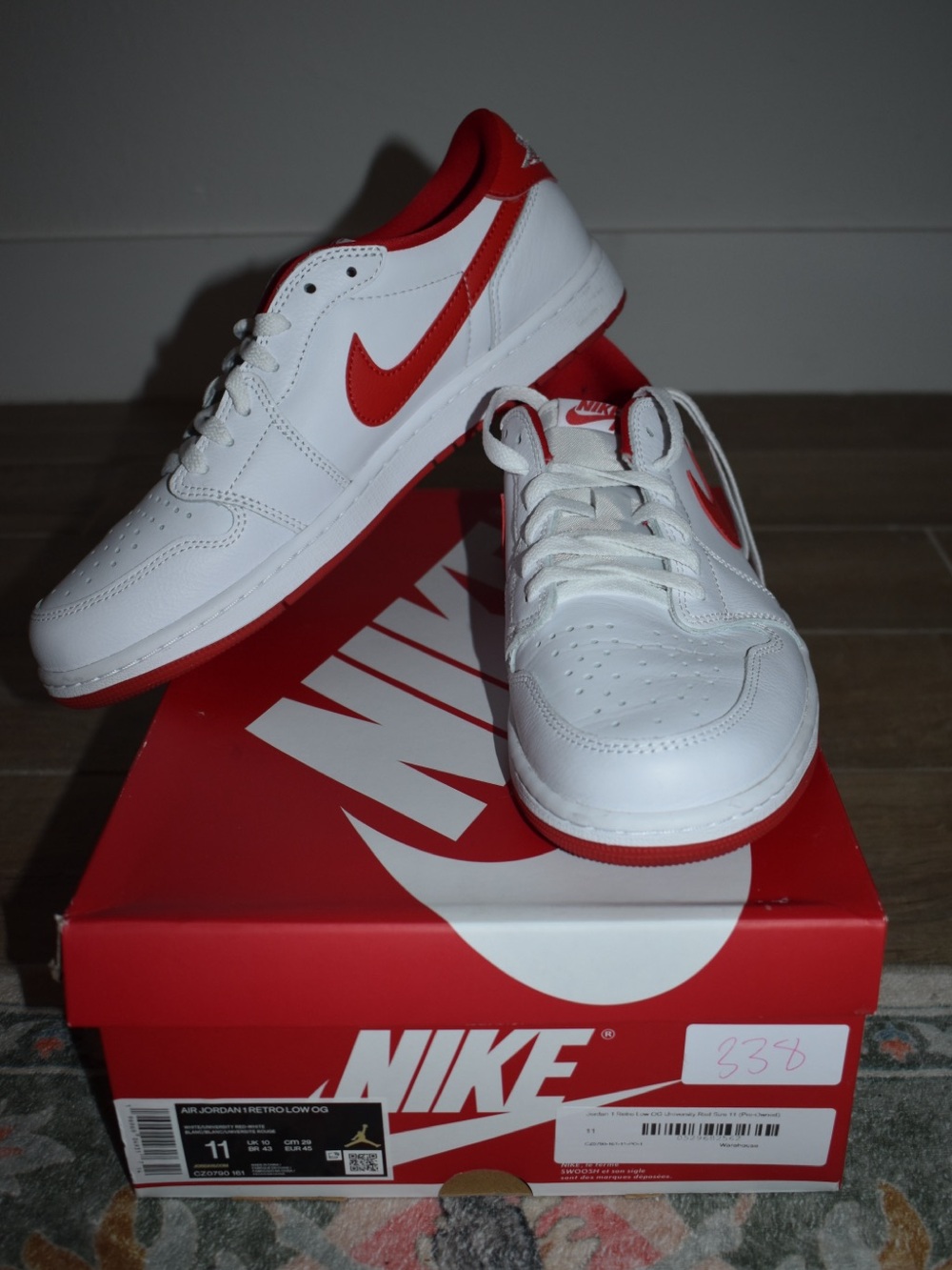 Red and White Air Jordan 1 Retro Low OG “University Red” men’s US 11